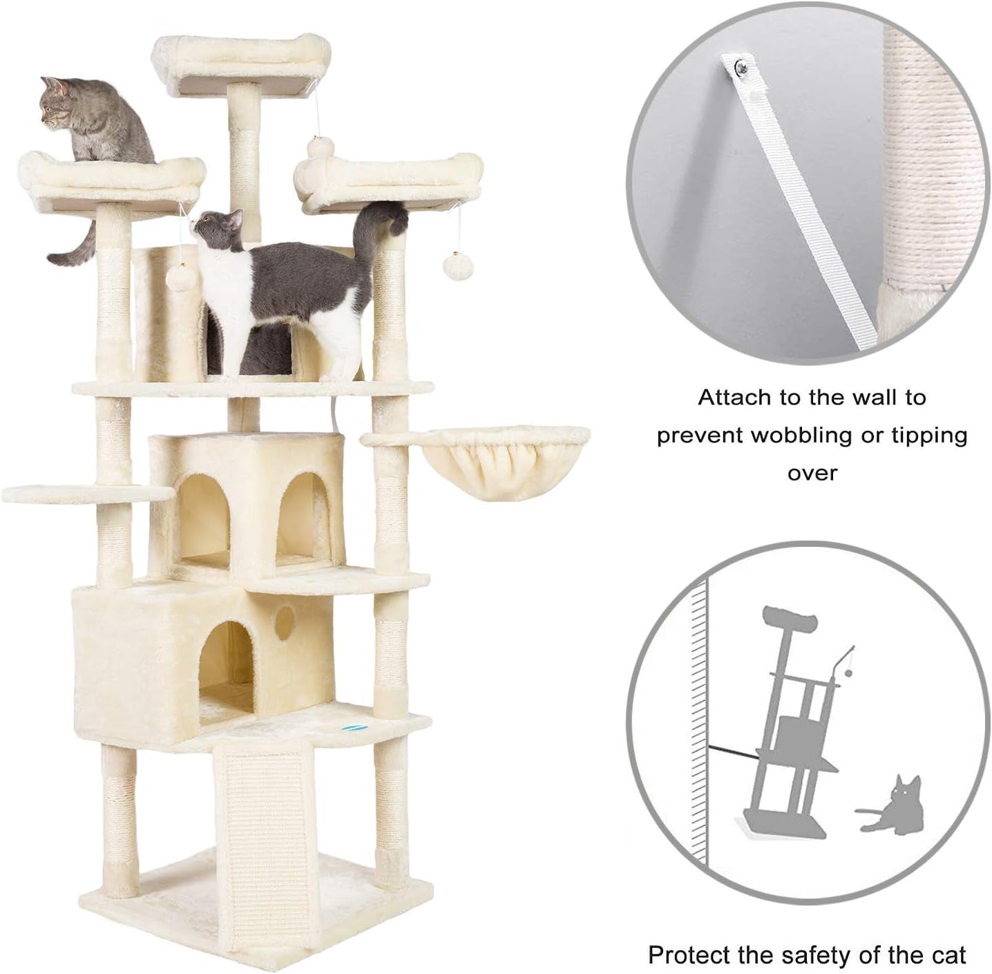XL Cat Tree, 73.4 Inch Cat Tower with 3 Caves, 3 Cozy Perches, Scratching Posts, Board, Activity Center Stable for Kitten/Big Cat, Beige MPJ032M