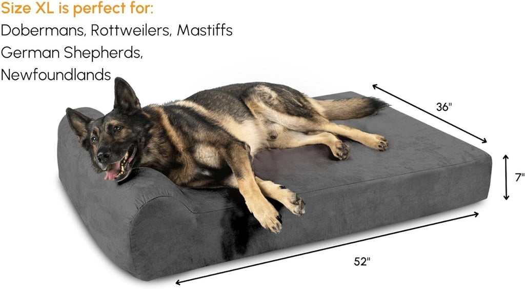 Barker Beds Orthopedic Dog Bed - 7" Pillow Top XL Size (52 X 36 X 11) - Luxury Washable Large Dog Bed with Headrest - Memory Foam Mattress for Big Dogs (Charcoal)