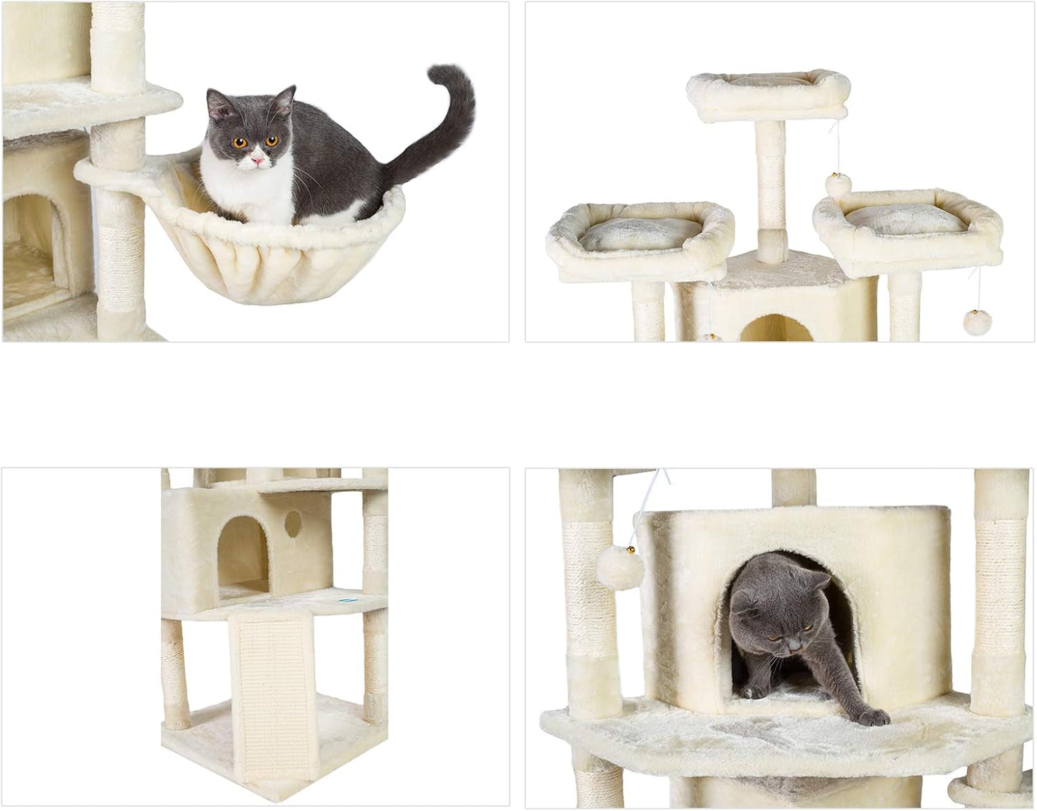 XL Cat Tree, 73.4 Inch Cat Tower with 3 Caves, 3 Cozy Perches, Scratching Posts, Board, Activity Center Stable for Kitten/Big Cat, Beige MPJ032M