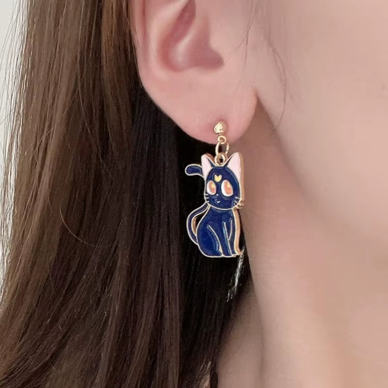 Anime Cute Drop Earrings Kawaii Cartoon Moon Cat Pendant Jewelry for Women Korean Fashion Enamel Design Accessories