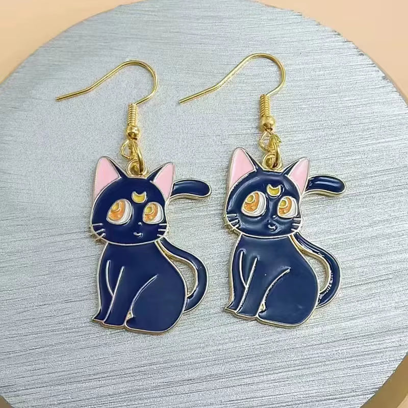 Anime Cute Drop Earrings Kawaii Cartoon Moon Cat Pendant Jewelry for Women Korean Fashion Enamel Design Accessories